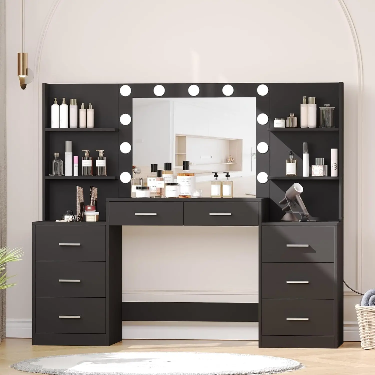 

WenFeng OEM/ODM Black Dressing Table - 3-Mode Lighting with Mirror, Charging Station, Drawers & Open Storage Shelf