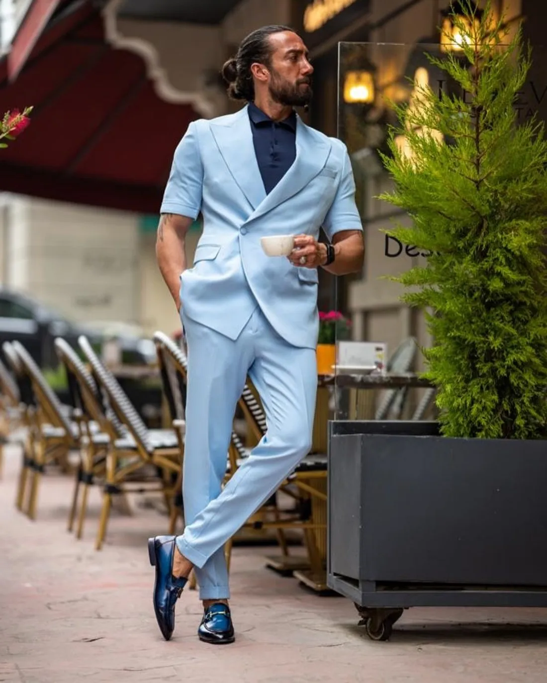 Sky Blue Summer Fashion Short Sleeves Men Suits Single Button Peak Lapel Suit 2 Piece Jacket& Pants Male Clothing Daily Casual
