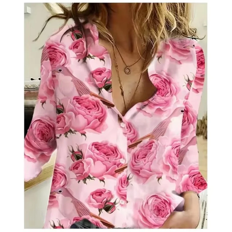 Primavera otoño elegante blusa cómoda patrones estampados florales camisa de manga larga para mujer camisa informal con botones Top de oficina para mujer