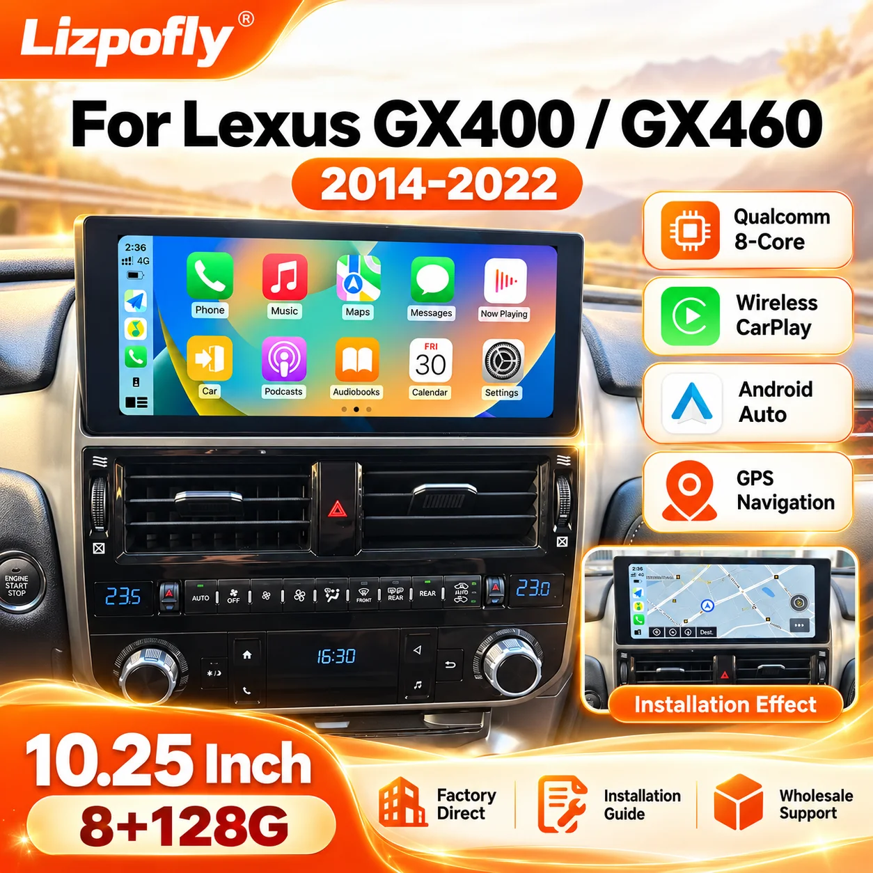 Lizpofly Android Car Radio For Lexus GX GX400 GX460 2014-2022 10.25 Inch GPS Navigation Stereo Multimedia Player CarPlay DSP
