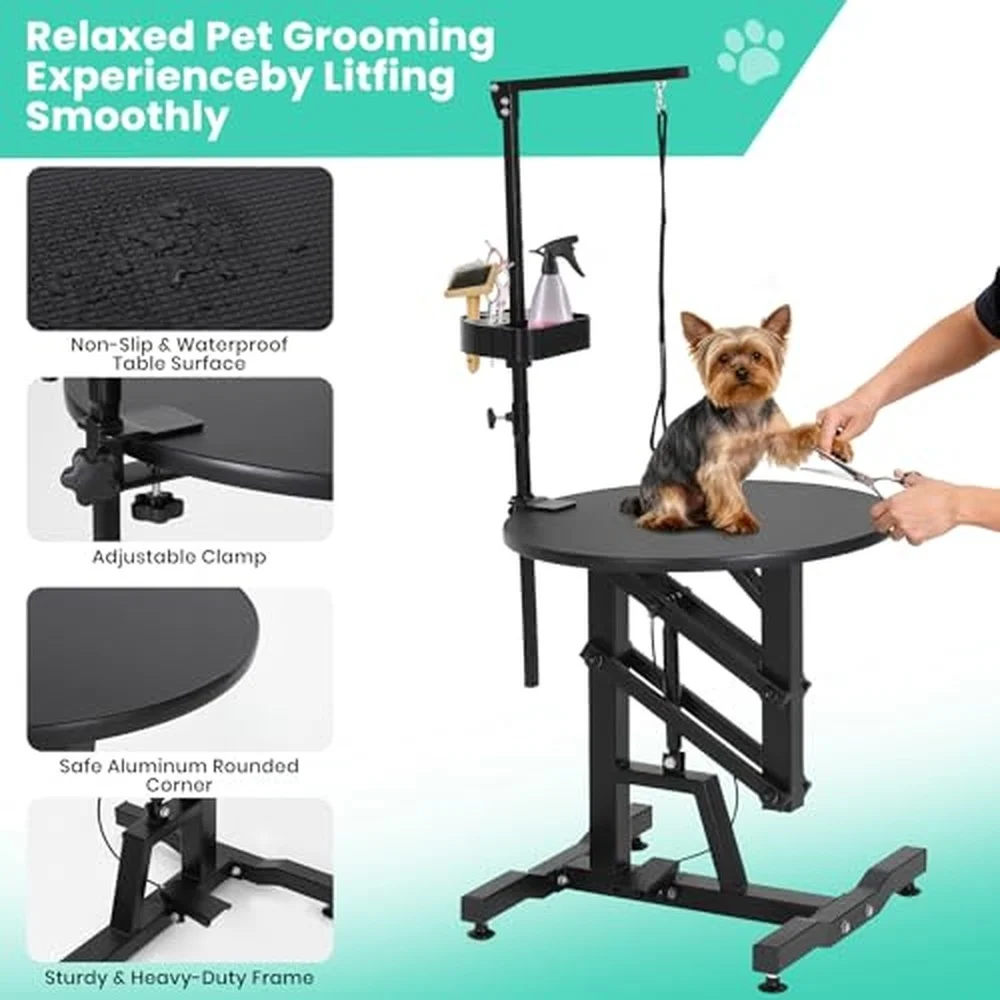 24'' Hydraulic Lift Dog Grooming Table Adjustable Cat Drying Rotating Desktop Foldable Adjustable Arm Portable Non Slip