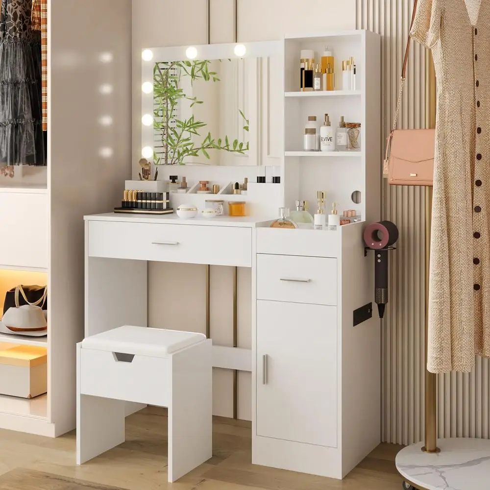 Weißer 39,2-W-Schminktisch mit Spiegel, Beleuchtung und Ladestation, 3 Beleuchtungsmodi, Aufbewahrungsstuhl-Set für Schlafzimmer