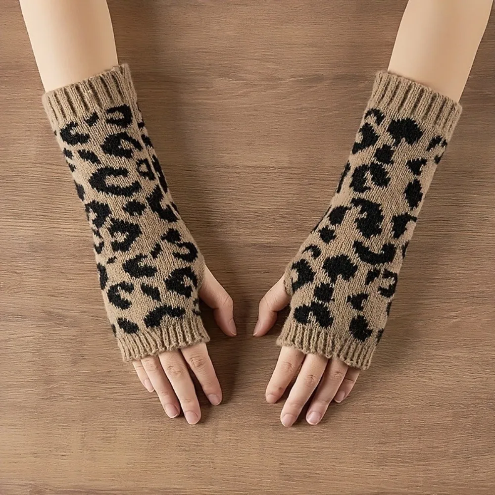 2Pcs/Set Simple Leopard Print Hat Gloves Set Soft Thickened Knitted Beanie Knitted Warm Pullover Hat Daily