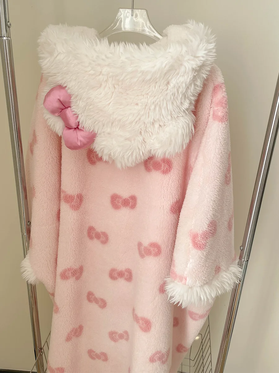 New Sweet Furry Hooded Hello Kitty Nightgown Coral Fleece Plush Sleepwear Robe Winter Women\'s Cute Oversize Home Casual Clothes