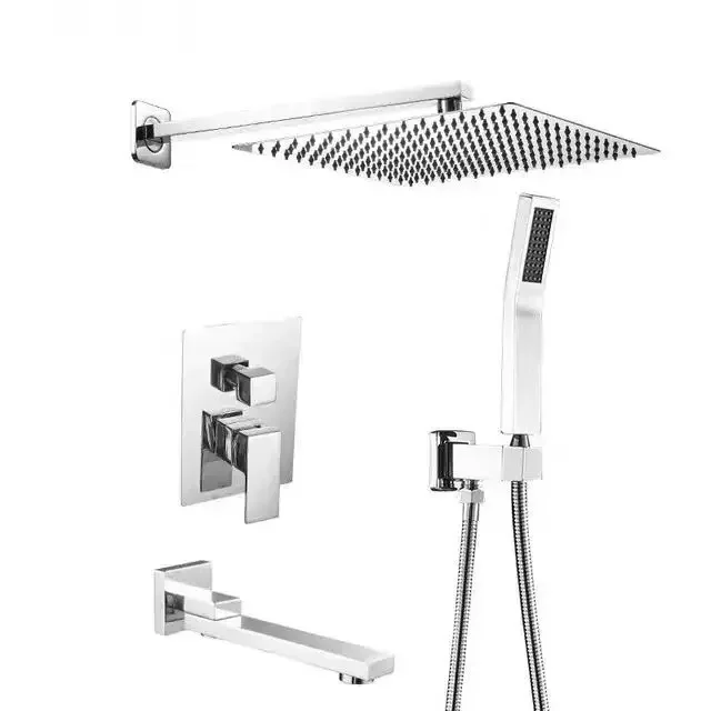 Fabriek moderne chroom messing verzonken doucheset vierkant ontwerp ingebouwde 3-functie douchekraan High Flow Top Spray handsproeier