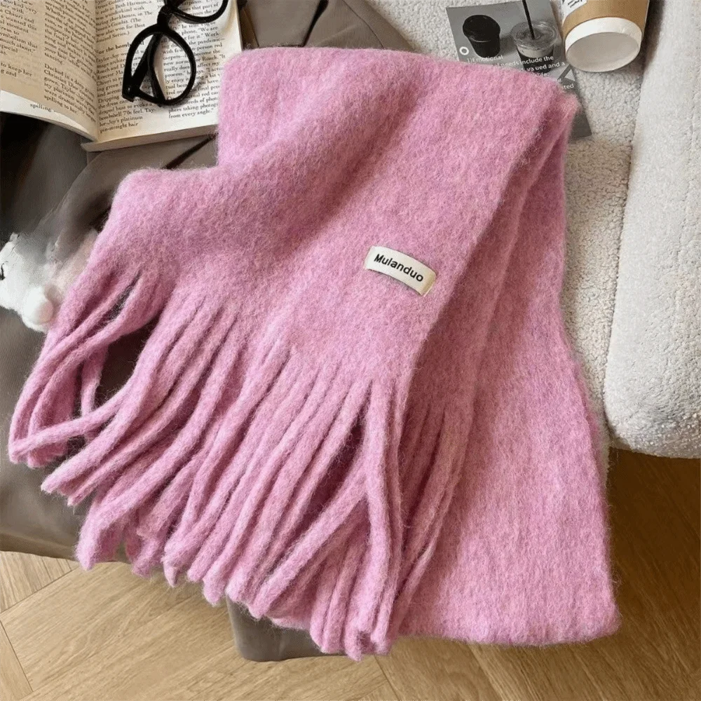 

Модный однотонный зимний шерстяной шарф, теплый мохеровый кашемировый шарф, мягкие утолщенные длинные шарфы с кисточками, пашмина