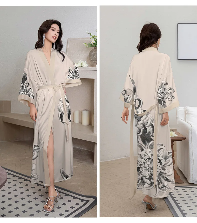 Sommer Robe Bademantel im chinesischen Stil Seiden druck lange Robe Kimono Satin sexy Roben Nachtwäsche Nachtwäsche Pyjama