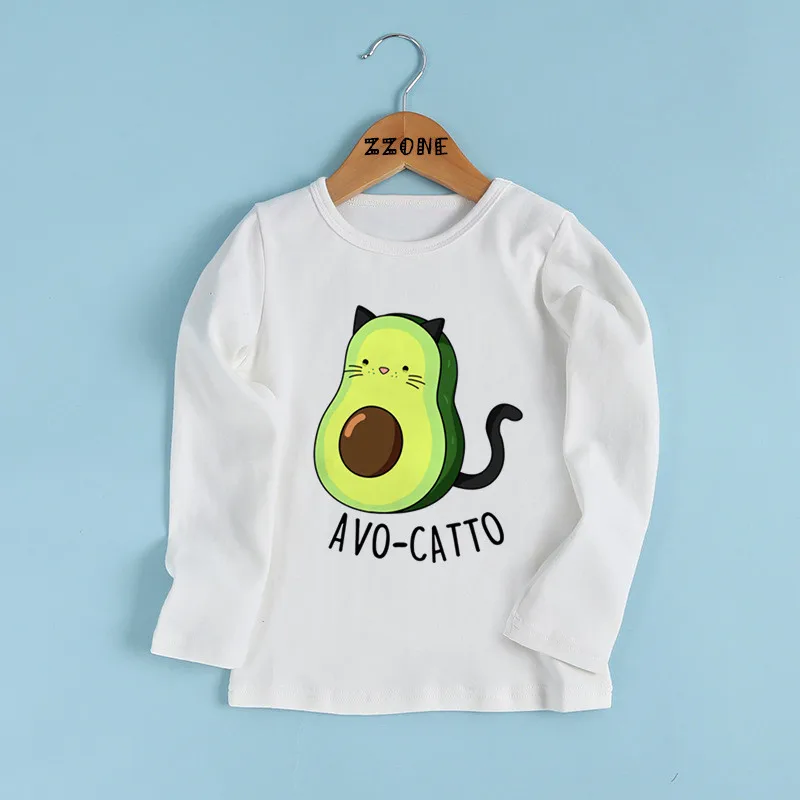 

New Korean Cute Avocado Cat Vegan Print Cartoon Kids T shirt Children Clothes Autumn Baby Boys Girls Long Sleeve T-shirt,LKP5352