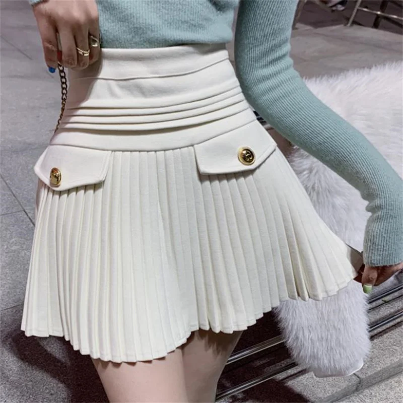 

Woolen pleated skirt women's new high waist thin A-line short skirt women