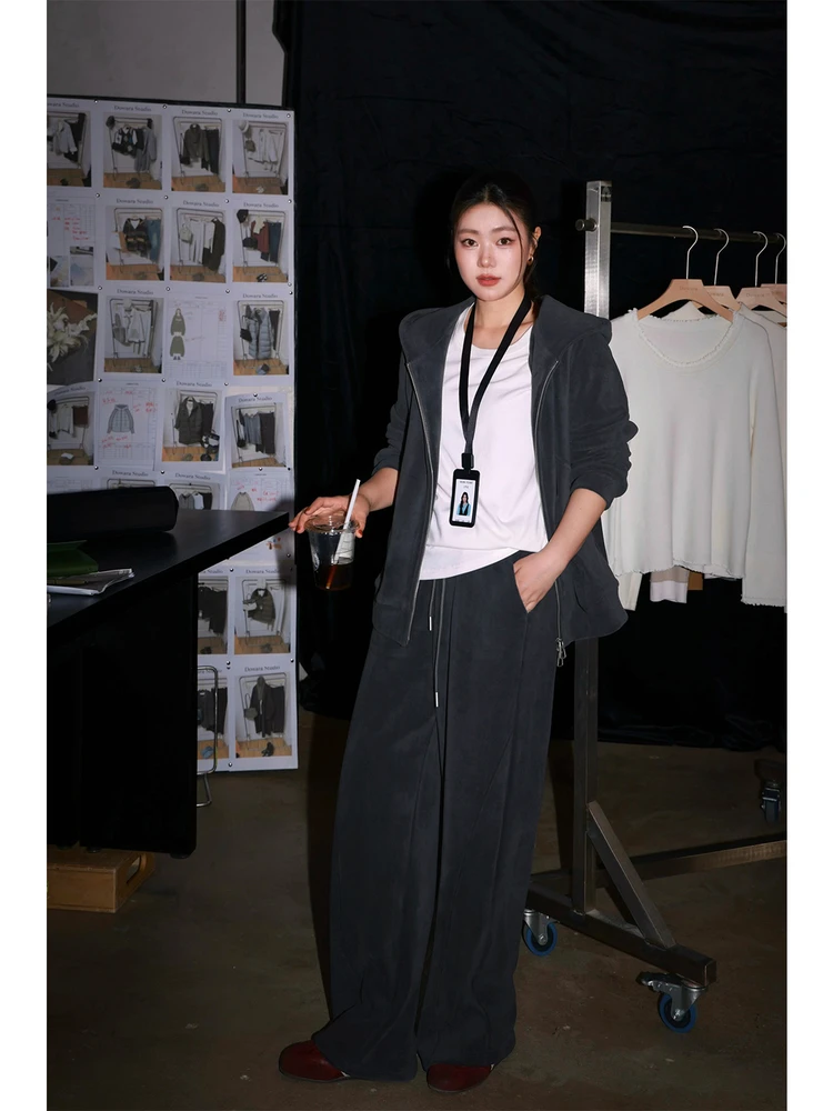 

Повседневный двусторонний флисовый комплект из толстовки и брюк для женщин, приятный к телу, с длинными рукавами, на молнии, прямого кроя, зимний наряд