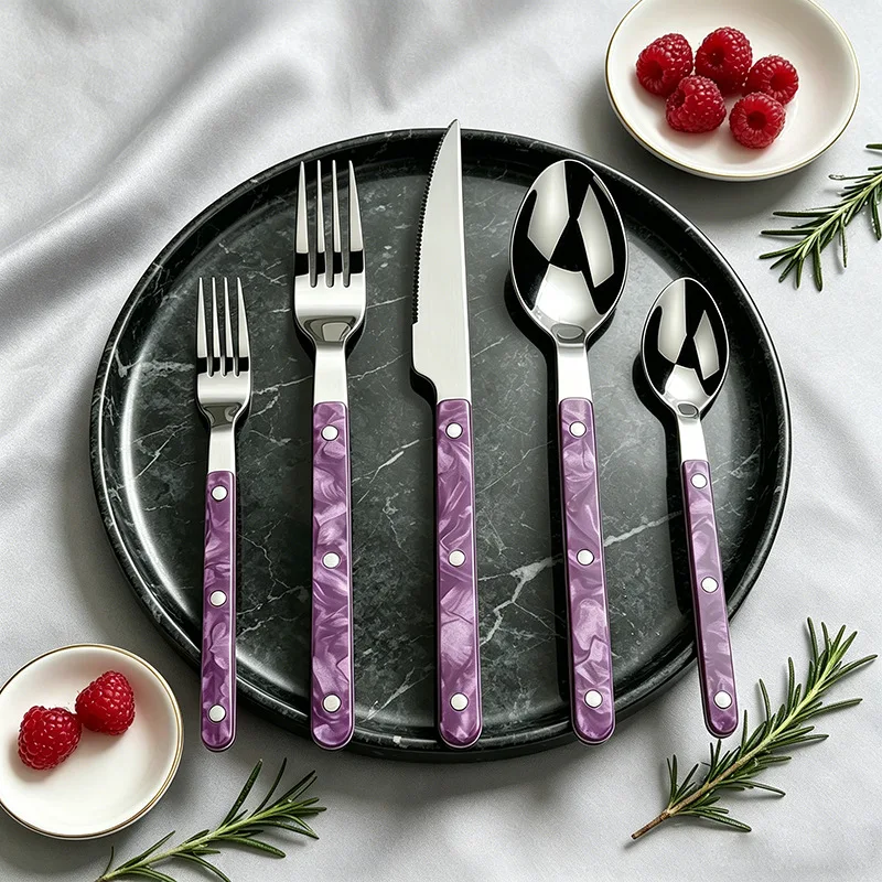 304 Stainless Steel Rivet Clamp Handle Knife Fork Spoon Cutlery Set Acrylic Handle Knife Fork French Steak Knife Fork