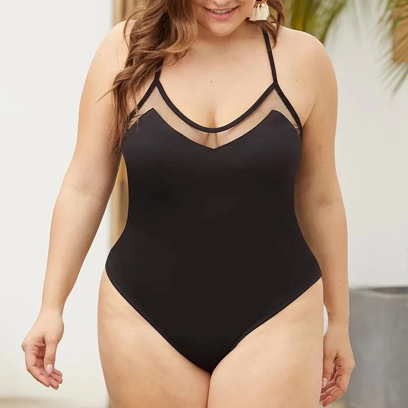2026 Women Plus Size One Piece Swimsuit Mesh V Neck Halter Strap Tummy Control Slimming Solid Bathing Suit Brazil Beach Swimwear