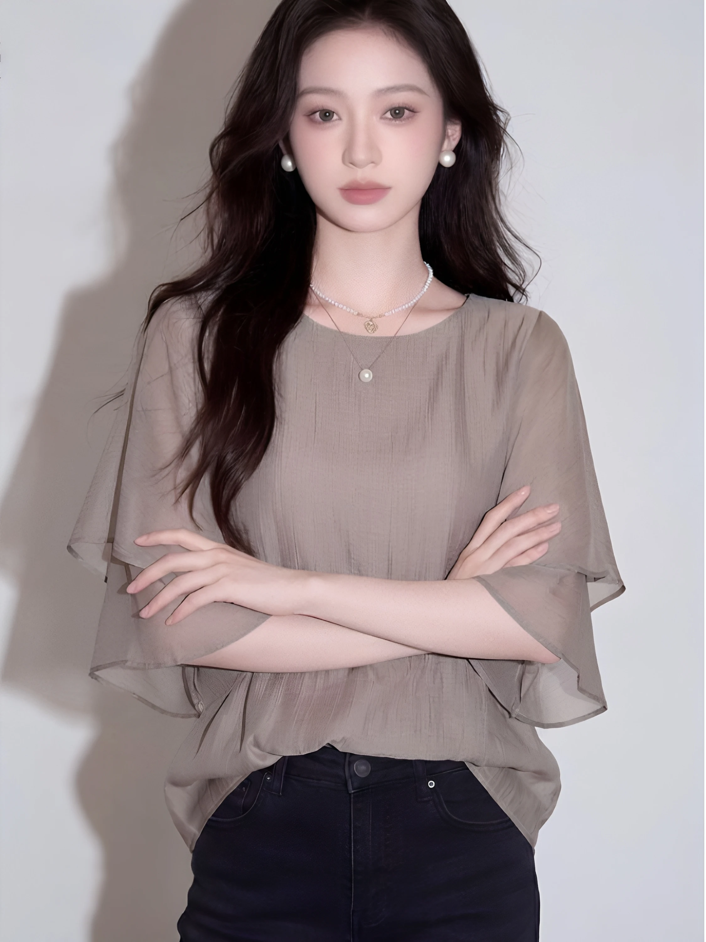 Oule Summer Minimalist Style Semi-Transparent Short Sleeve Batwing Loose Casual All-Match Chiffon Shirt Women's Fashion