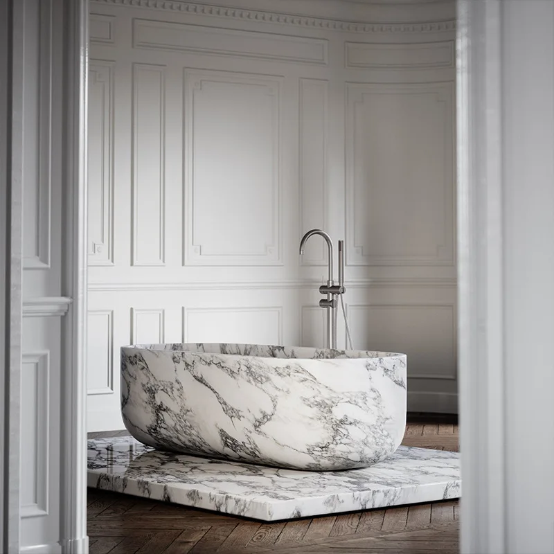 2026 Carrara White Italian Light Natural Marble Bathtub and Shower Basin Hotel, Villa, Home Decoration, Bath Basin Integr