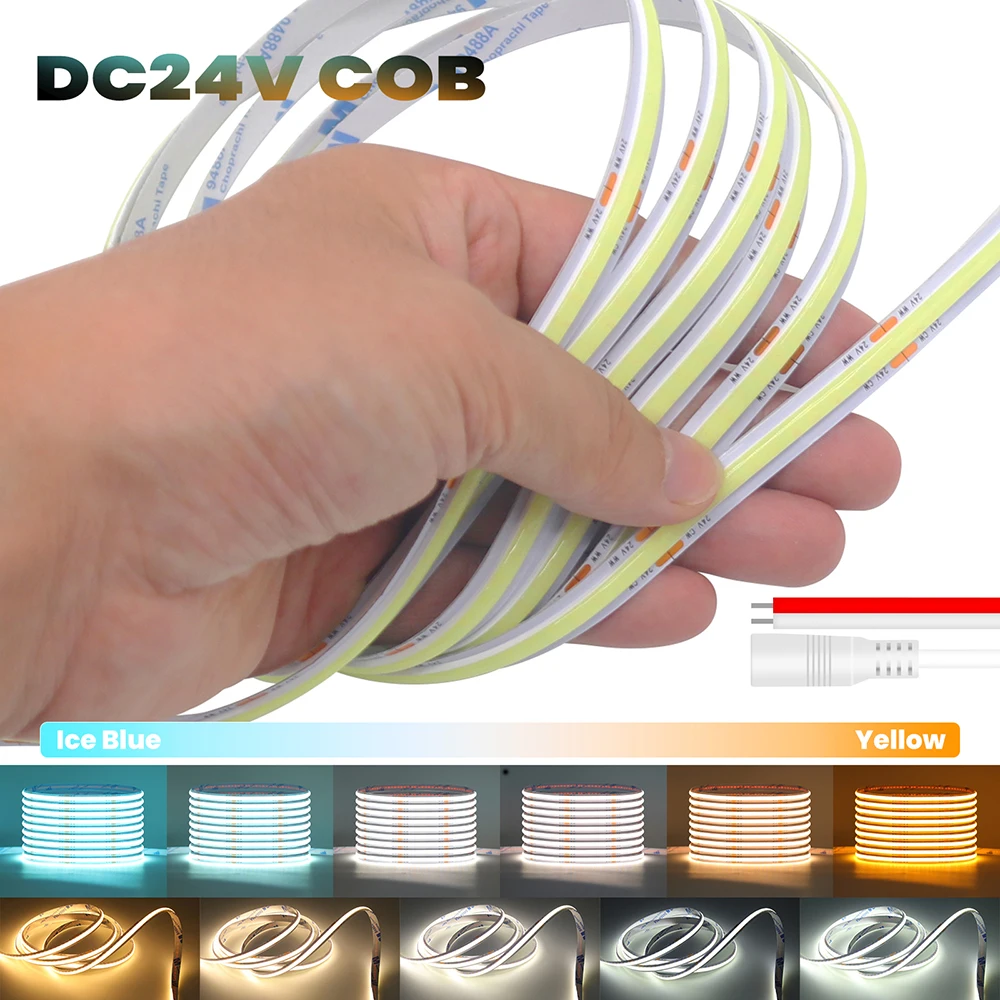 Yellow to ICE Blue CCT COB LED Strip Light Bright 2200K 3000K 4000K 6000K 8000K DC 24V 480LEDs/m Flexible Tape 0.5m 1m 2m 5m 10m