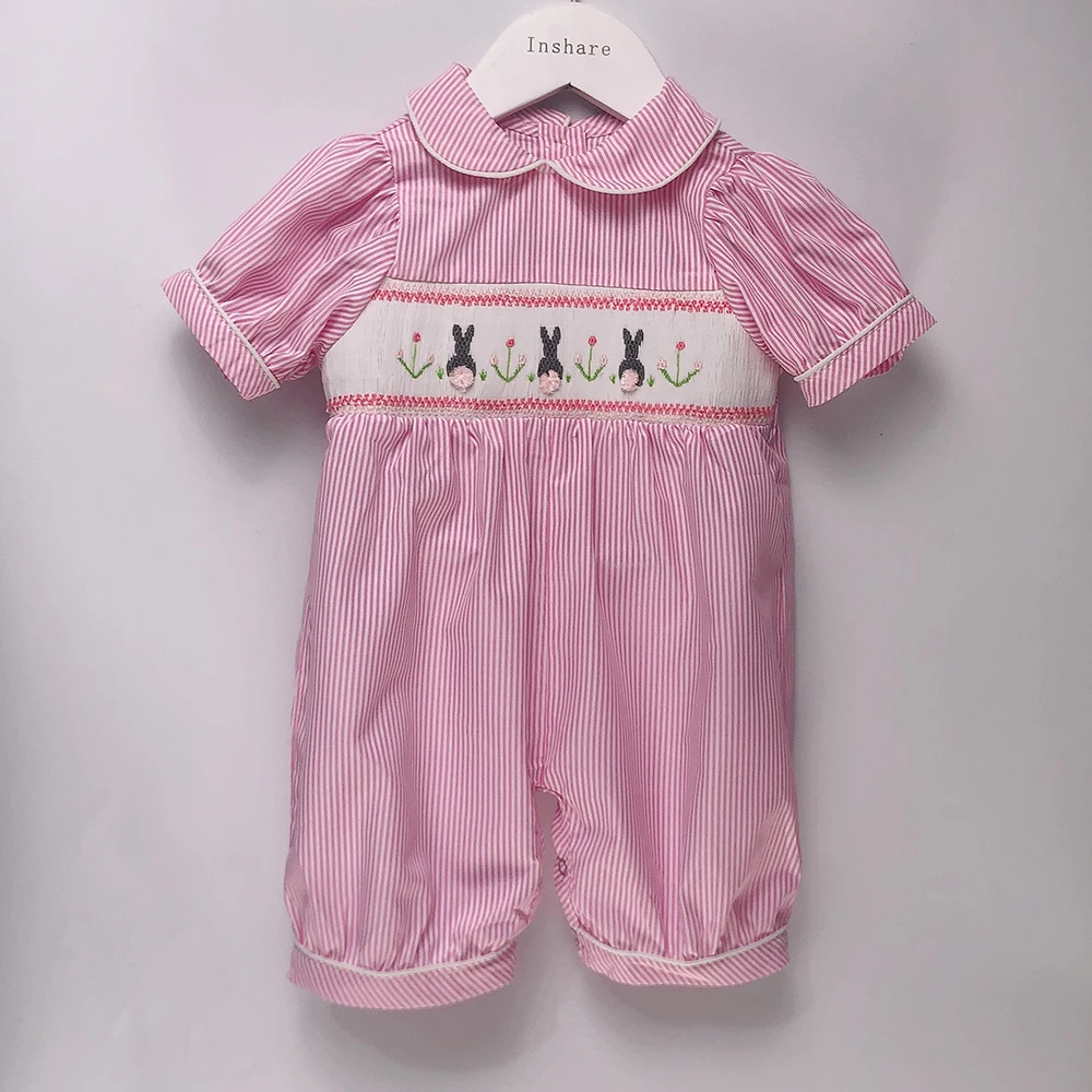 Children Boutique Clothing Summer Short Sleeve Boys and Girls Baby Striped Romper Handmade Smocked Rabbit Embroidery Cute Outfit