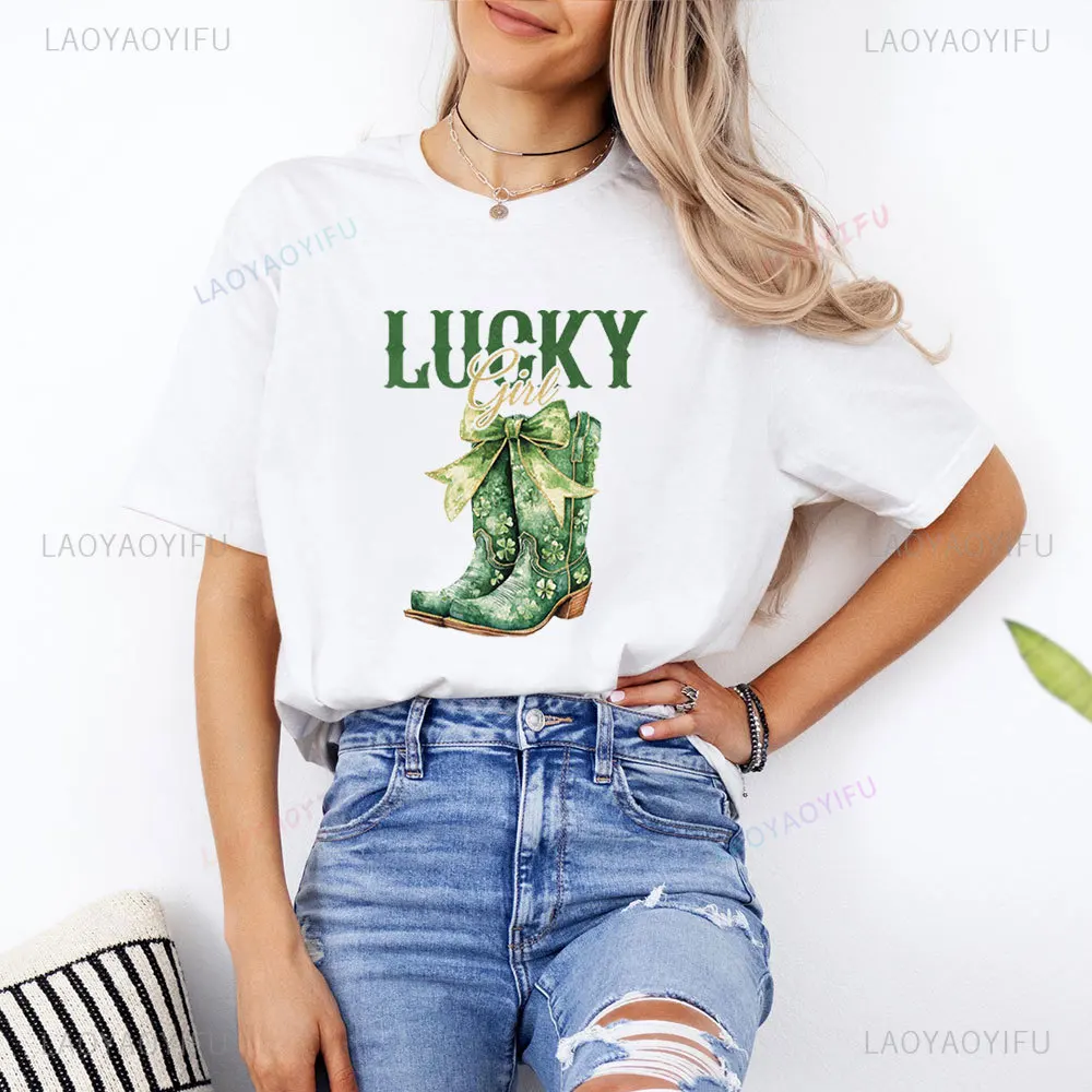 Lucky Girl St Patrick's Day Shirt Cowboy Boots Green Shamrocks Bow Western Irish Woman Cotton Tshirt Lucky St Patrick's Day Tops