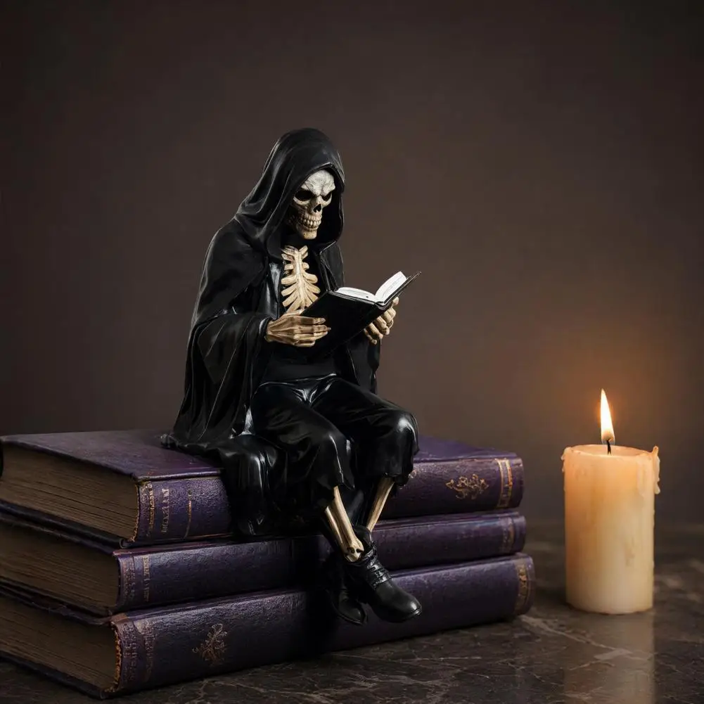 Skeleton Decoration Halloween Reading Skeleton Figurine Spooky Devil Resin Sculpture Grim Reaper Statue for Home Office