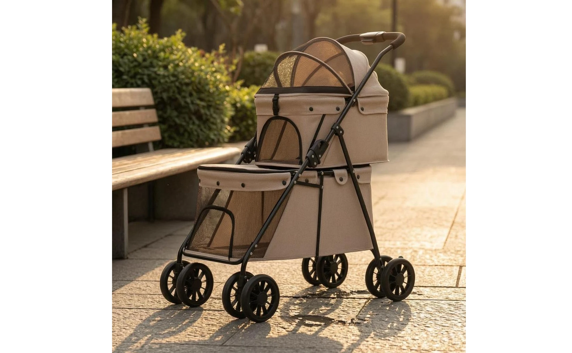 Double Layer Dog Feline Stroller Easy to Fold Double Deck Pet Stroller Breathable Mesh for Travel