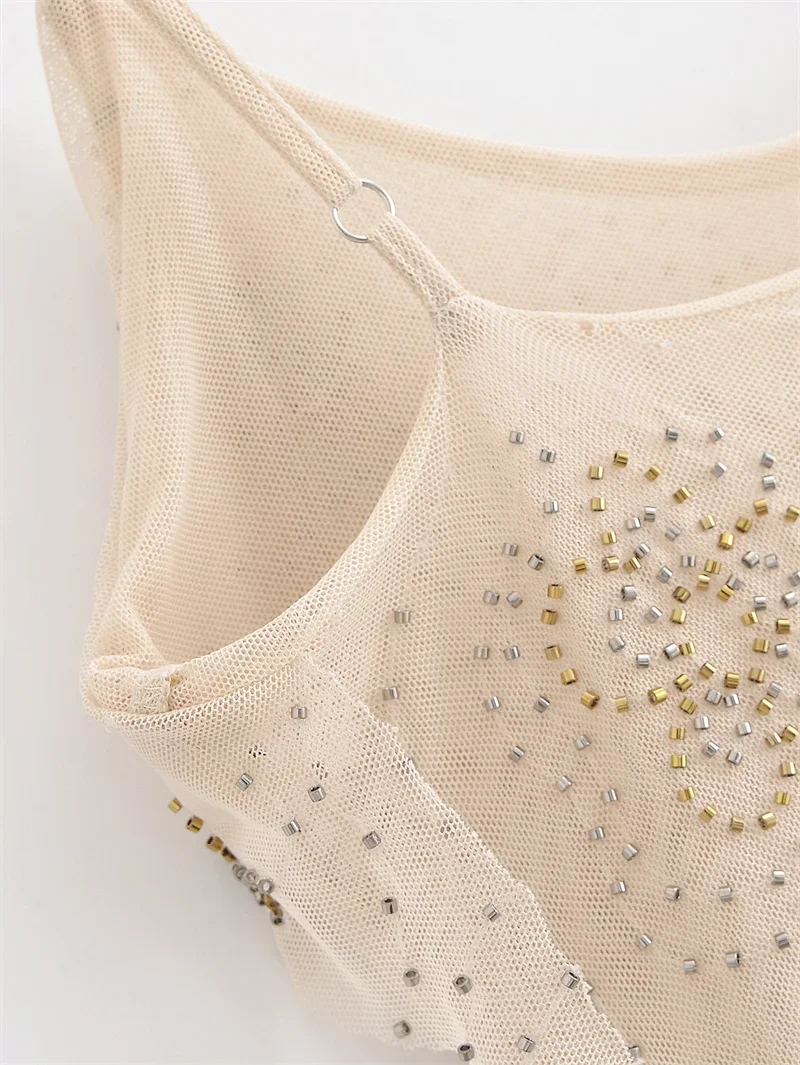 Vestido feminino verão novo estilo luz champanhe em camadas decoração de contas vestido longo sexy alça espaguete design elegante