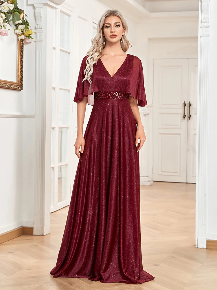 XUIBOL elegante abito da sera formale con paillettes manica corta 2024 donne festa di nozze Prom scollo a v Ruffles abito rosso in Chiffon Vestidos