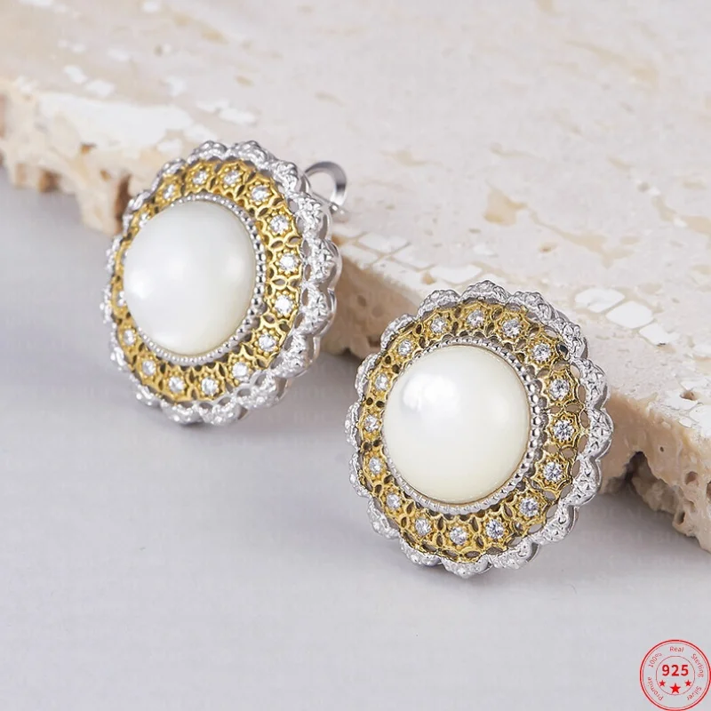 

S925 Sterling Silver Charms Clips Earrings for Women Contrast Colored Flowers Inlaid White Shells Ear-clips Jewelry Wholesale