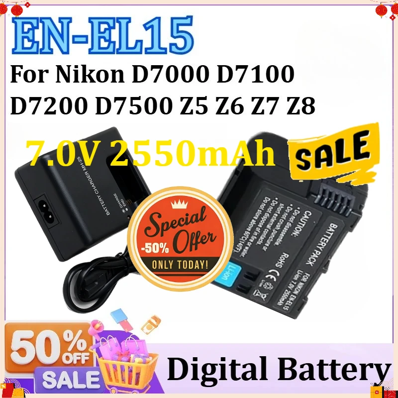 

For Nikon D7000 D7100 D7200 D7500 Z5 Z6 Z7 Z8 II 2 Camera 7.0V 2550mAh EN-EL15C EN-EL15 Battery with LCD Fast Charger