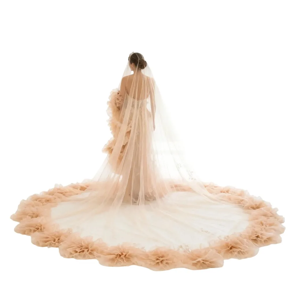 Elegant Wedding Veils Tulle Lace Champagne White Ivory Tulle Bridal Veil with Combs 3 Meters Veu de Noiva Longo Customized