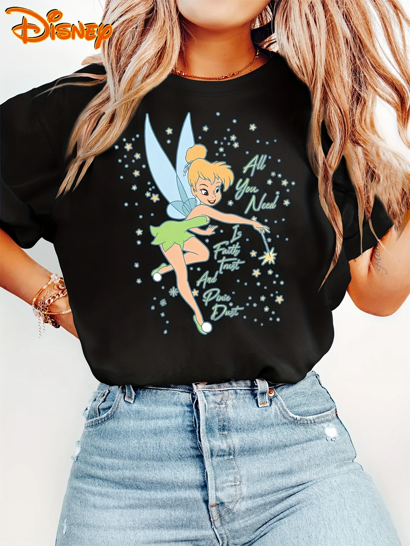 

MINISO Disney Tinker Bell Alice in Wonderland T-Shirt Vintage Women Men Tees Short Sleeve Oversize Couple Top Streetwear Casual