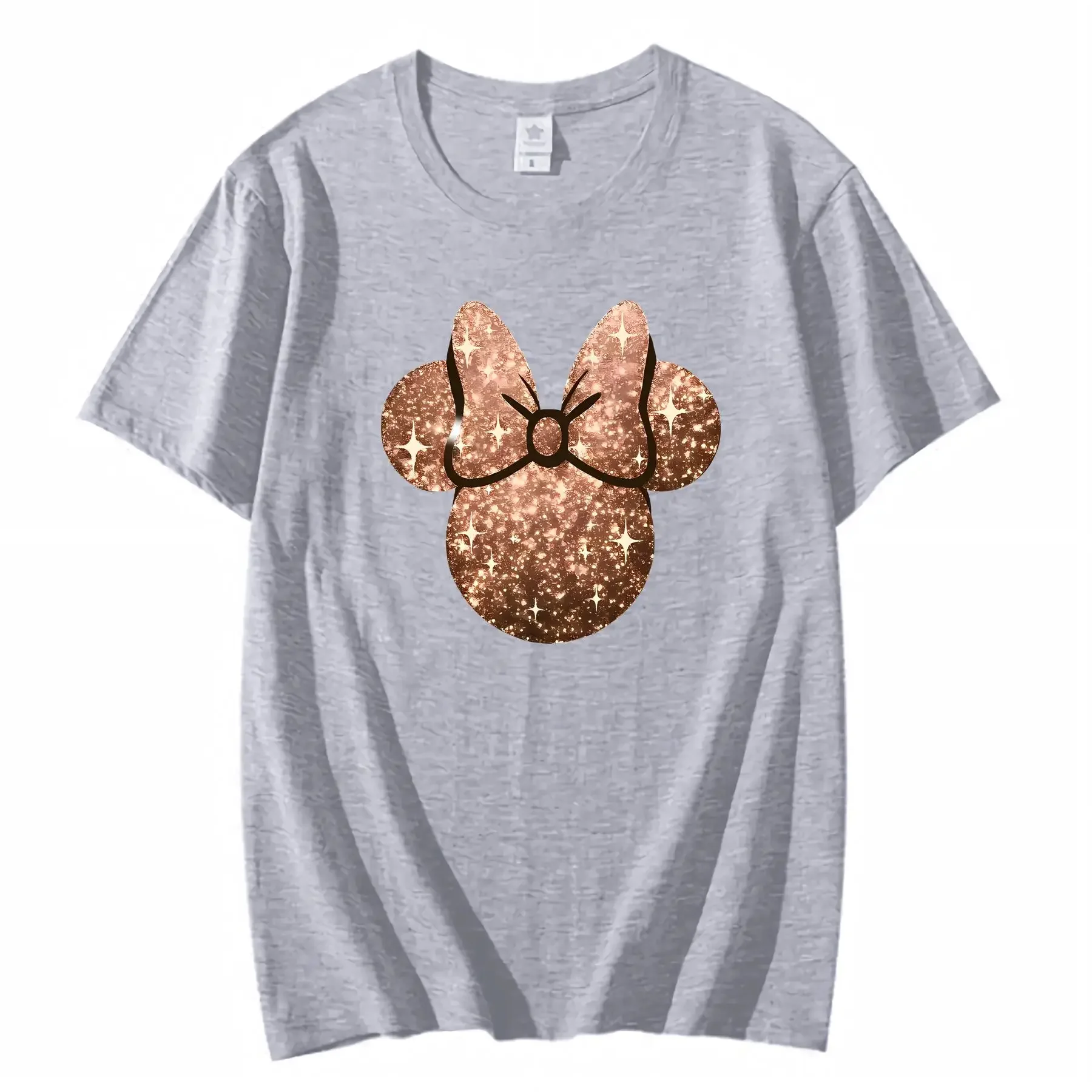 تي شيرت ديزني ميكي ميني ماوس بفيونكة لامعة للسيدات من القطن الأسود 100 رقبة دائرية مناسبة لربيع وصيف عتيق مغسول #3
