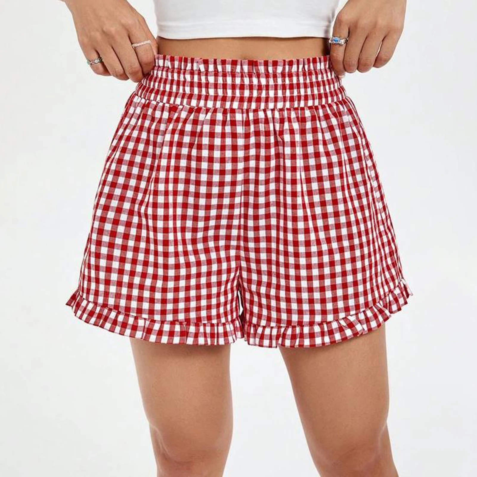 Women Plaid Shorts Casual Loose Fitting Elastic Waist Shirred Ruffled Trim Short Pants Lounge Korean Chic Checkered Pajama