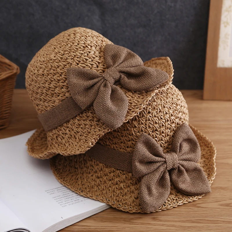 Women Bow Straw Hats Elegant Wide Brim Sun Protection Sun Hat Summer Outdoor Travel Foldable UV Protection Breathable Straw Caps