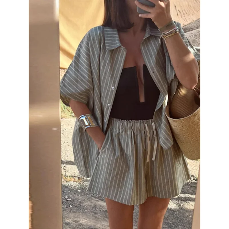 

Womens Summer Suit With Shorts Striped Shirt Pocket Shorts Loose Casual Suit Elegant Cotton Linen Suit Women Two Piece Lady Sets