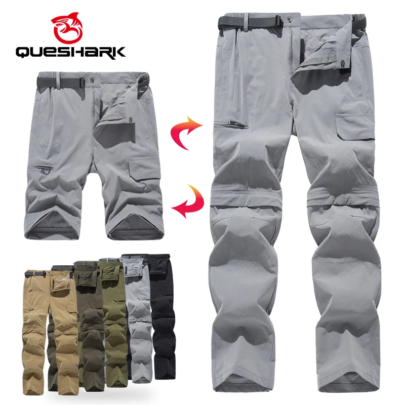 Queshark 2 in 1 Detachable Men Hiking Pants Quick Dry Multi-pocket Camping Trekking Fishing Trousers-Convertible to Cargo Shorts