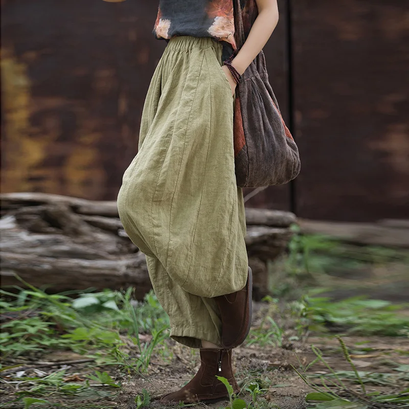 

AW Sand-washed Ramie Pumpkin Pants, 32-Panel Distressed Boho Trousers