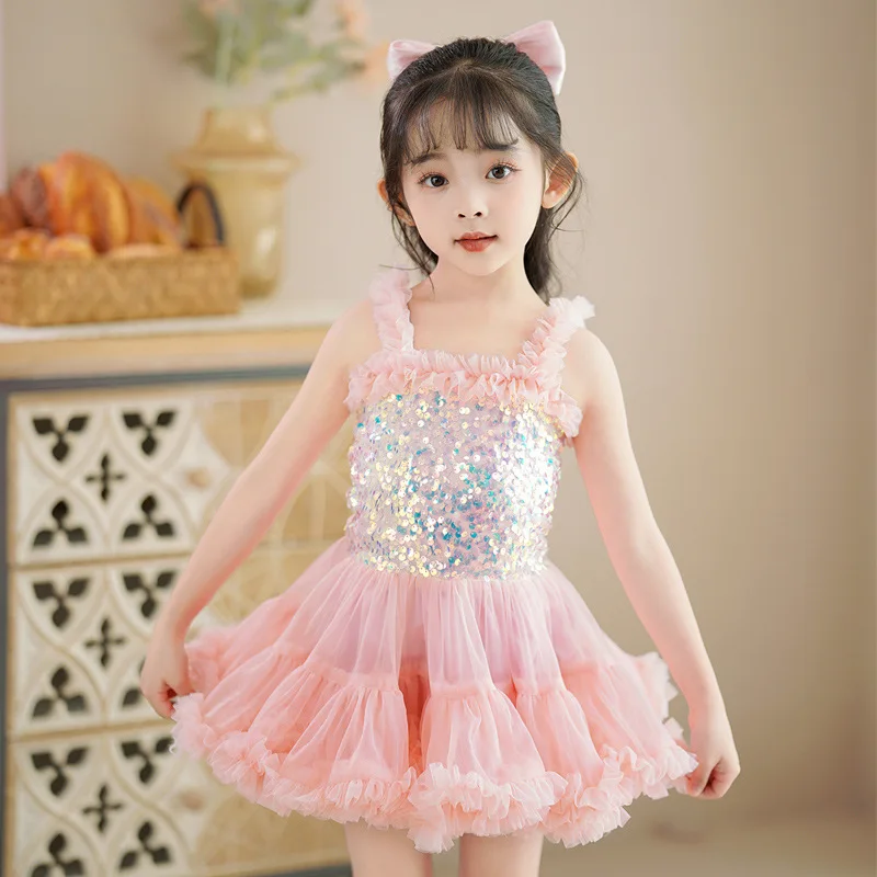 2023 Girls Summer Performance Puffy Dress Birthday Party Princess Dress Cute Girls Mesh Sling Dress Sequined Tutu Dress 12M-6T