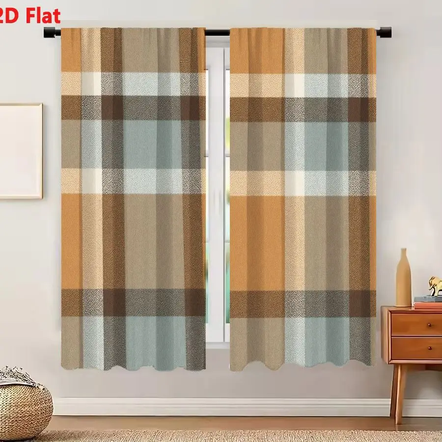 2Pcs Curtains 2D Flat Classic Plaid Woven Textile Pattern In Muted Earthy Tones And Dusty Blue Gray Window Drapes for Bedroom Ro