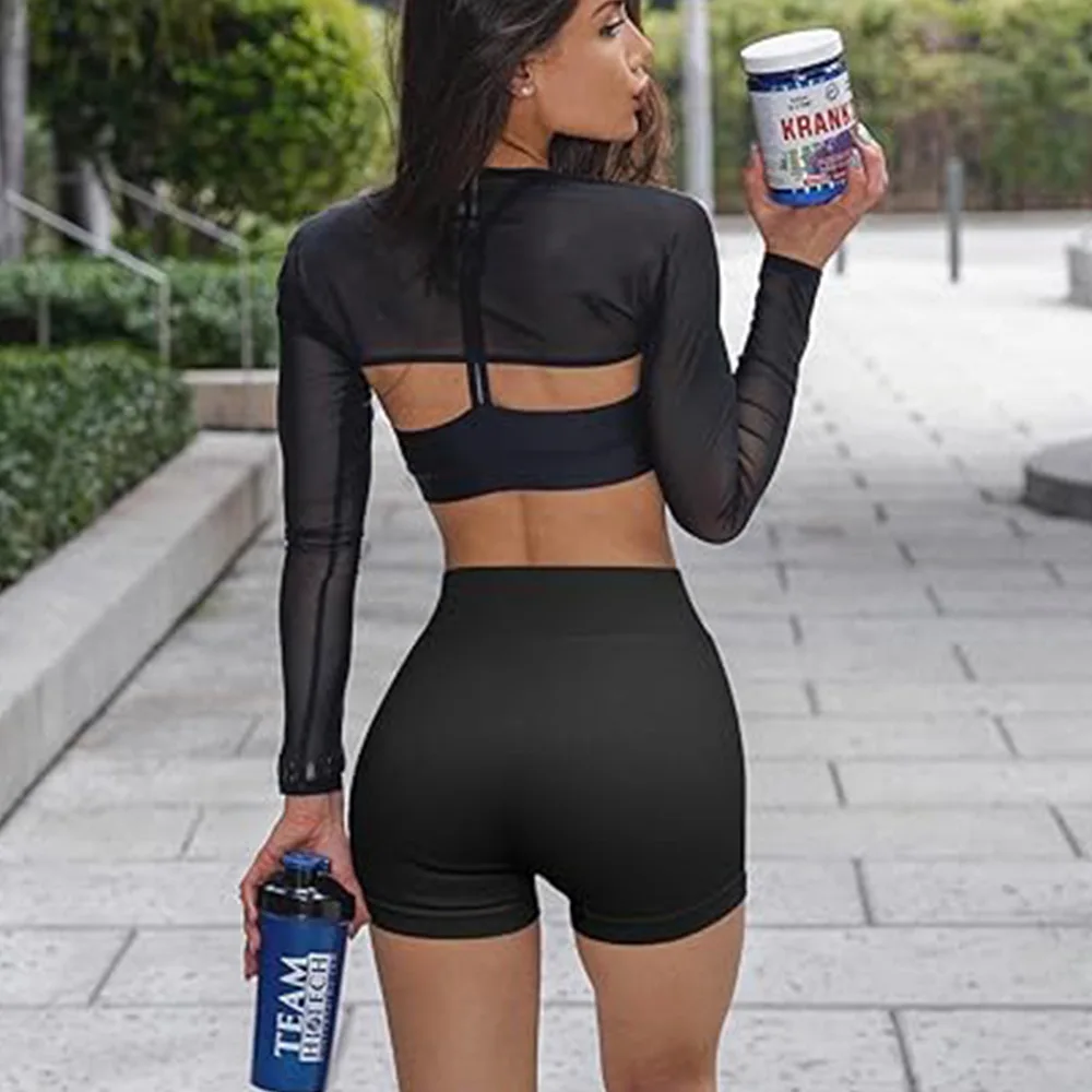 Frauen Hohe Taille Workout Fitness Yoga Shorts Gym Yoga Leggings Scrunch Butt Nahtlose Gestrickte Sport Drei Punkt Shorts – Detail 6