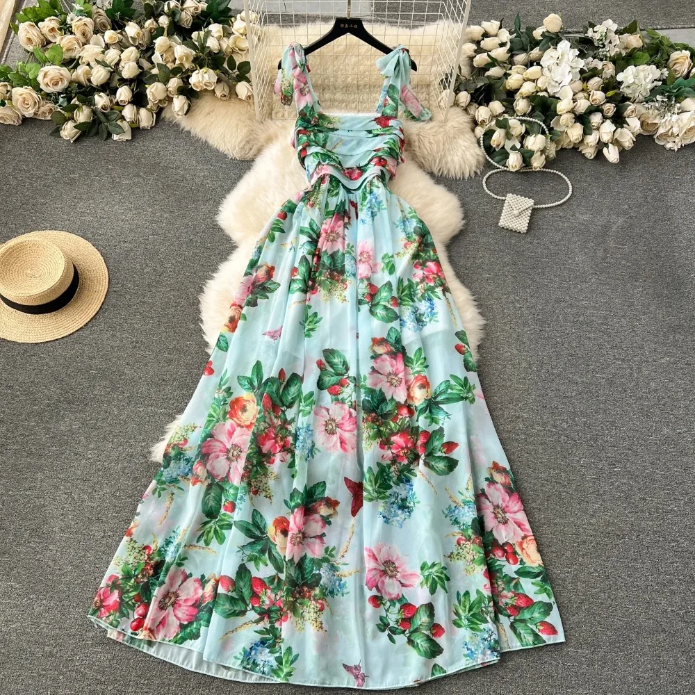 Retro Floral Print Sleeveless Off Shoulder Elegant Dress A-line Casual Beach Vacation Dress Women Fashion Evening Party Summer