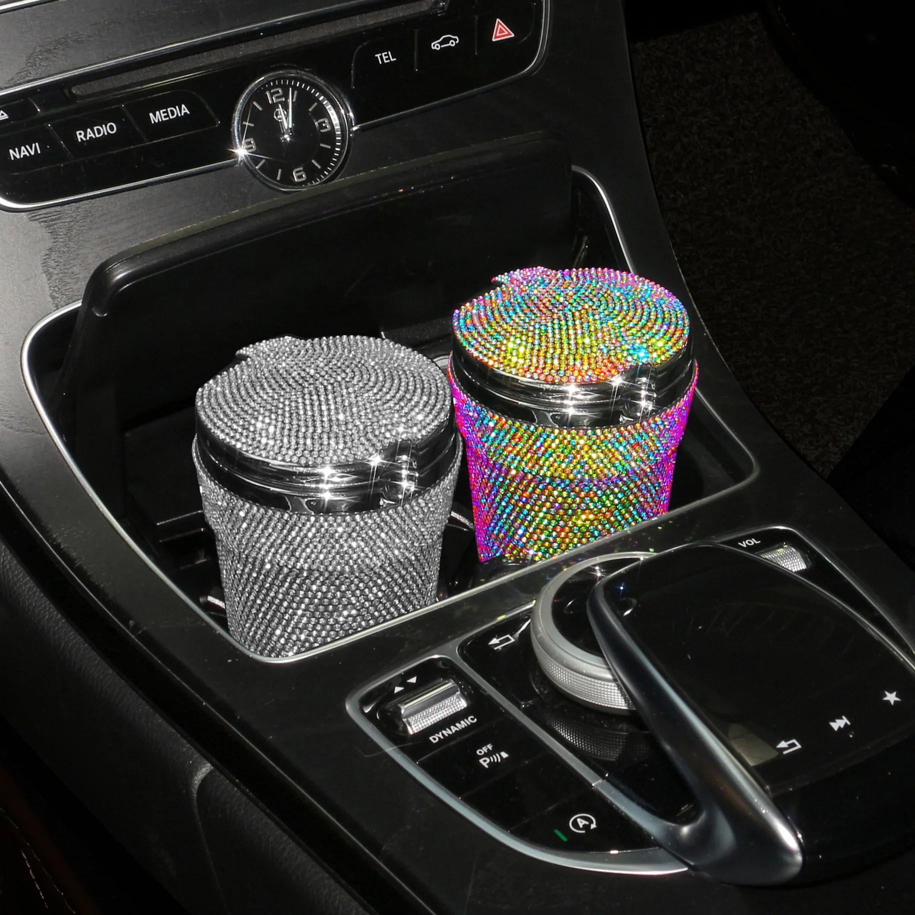 Diamond-studded Ashtray Household Car Ashtray with Cover Anti-fly Ash Desktop Ashtray Home Decoration Plastic Storage Box