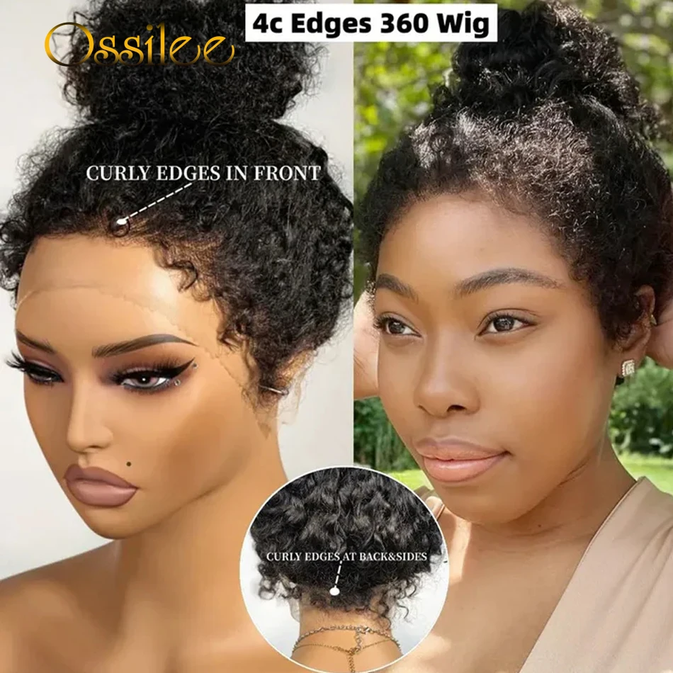 

4C Kinky Edges Kinky Curly Invisi Strap 360 Glueless Wigs Human Hair 360 HD Lace Frontal Wig with Curly Baby Hair All Around