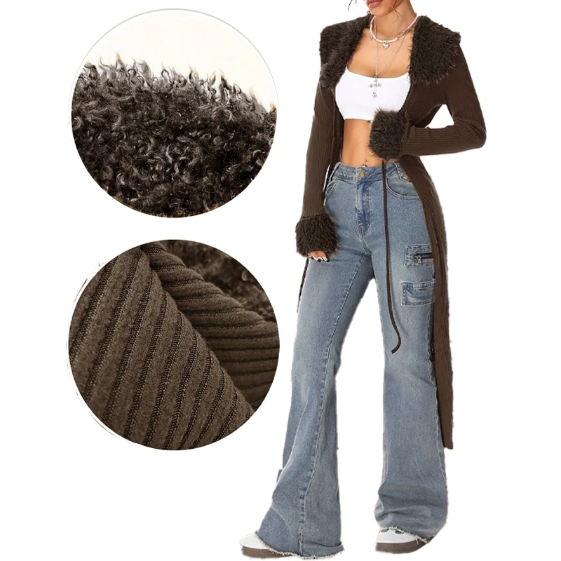 가을 겨울 Y2K 여성용 가디건 재킷 패션 캐주얼 빈티지 골지 니트 브라운 플란넬 텍스처 레이스업 블랙 롱 가디건