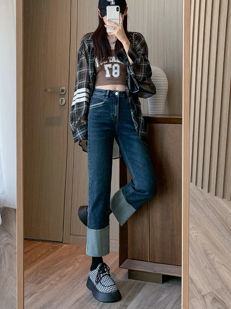 

Женские джинсы с высокой талией и прямыми штанинами, весна-осень 2024, новый стиль, утягивающие, больших размеров, укороченные, с цветными вставками, с отворотами