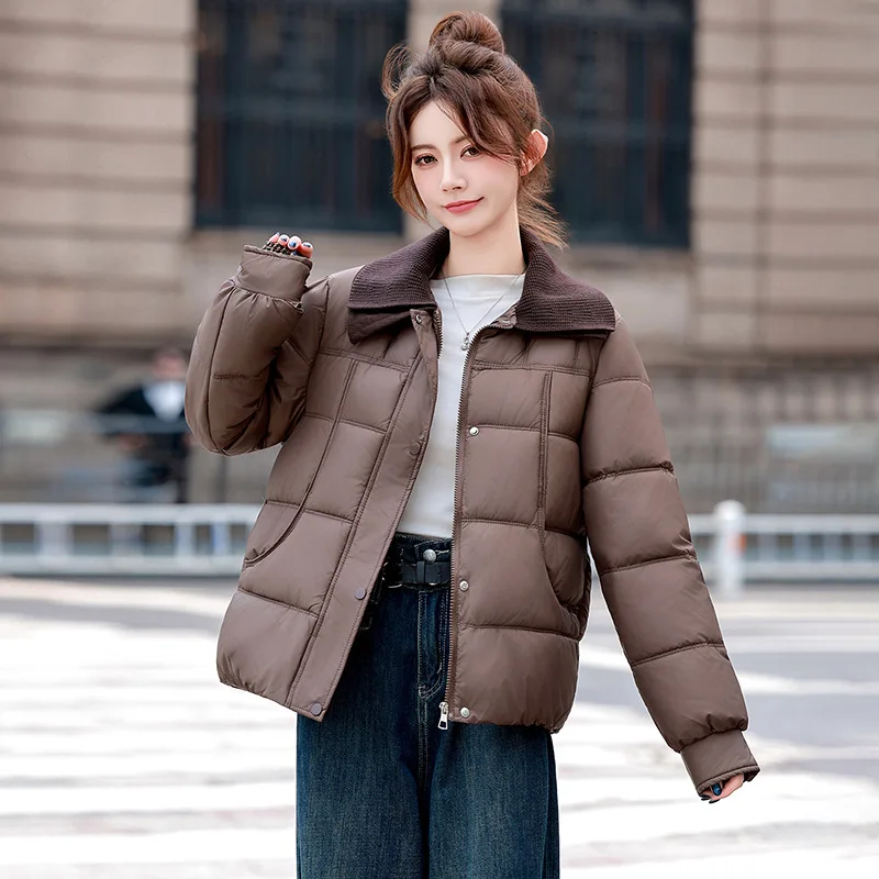Warm Cotton Padded Jacket Women Short Winter Coat Casual Knit Lapel Collar Outerwear Quilted Chic Tops Parkas Female Outerwear