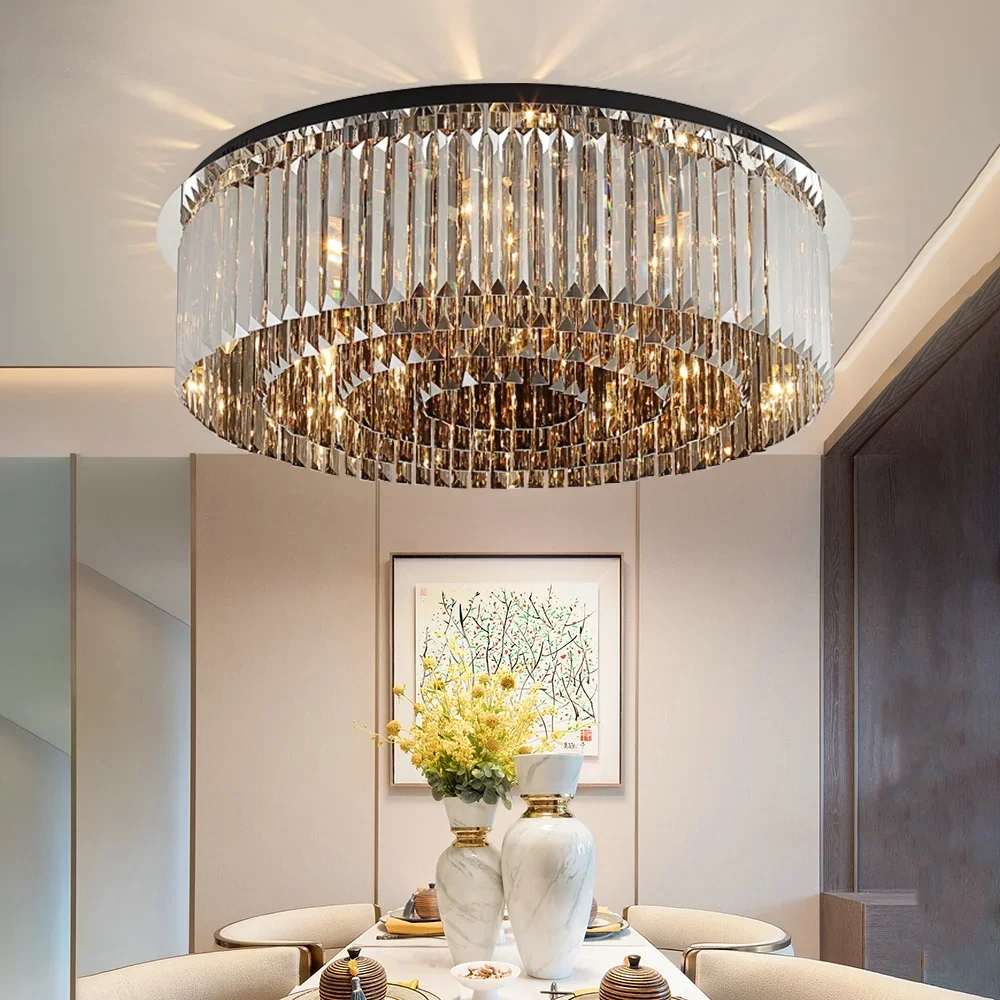 

Luxury round black ceiling chandelier for living room modern bedroom crystal lamp large home decor led light fixtures