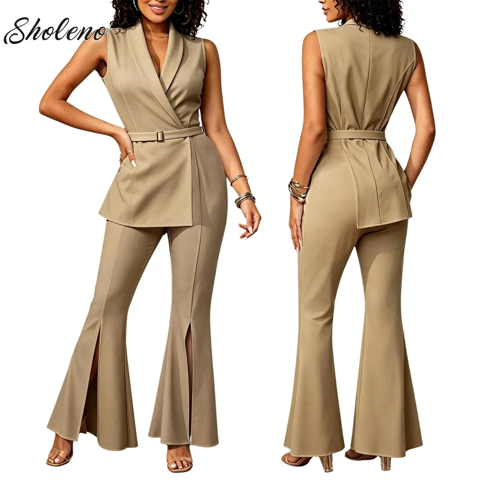 Women's Workwear V-neck Lapel Sleeveless Bodysuit Split Hem Jumpsuit Office Work Party Daily Wear Club Vacation Romper