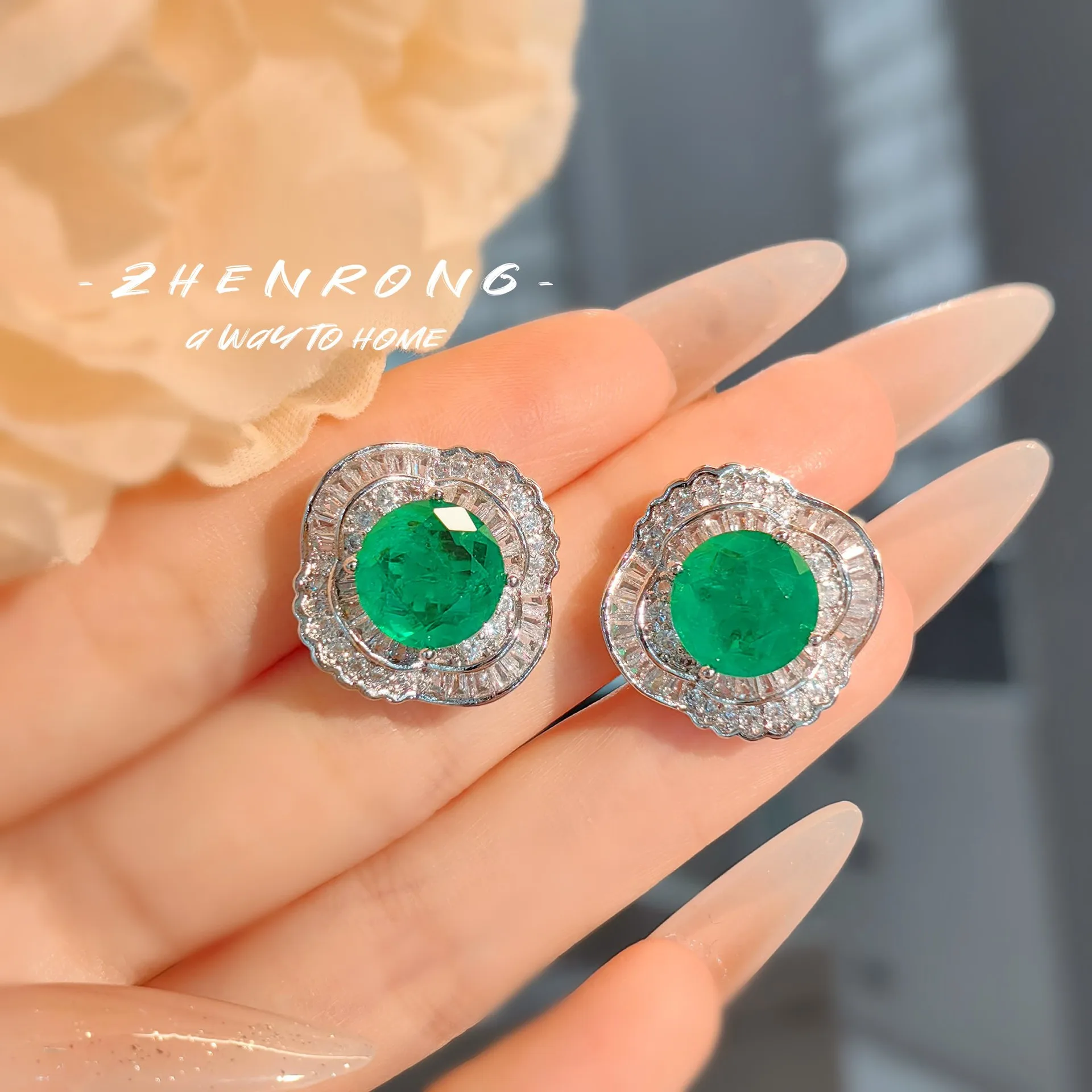 Exquisite Round Cut Tourmaline Emerald Jewelry Sets Luxury Platinum Plating Round Shape Retro Ring Earring Necklace Accessories