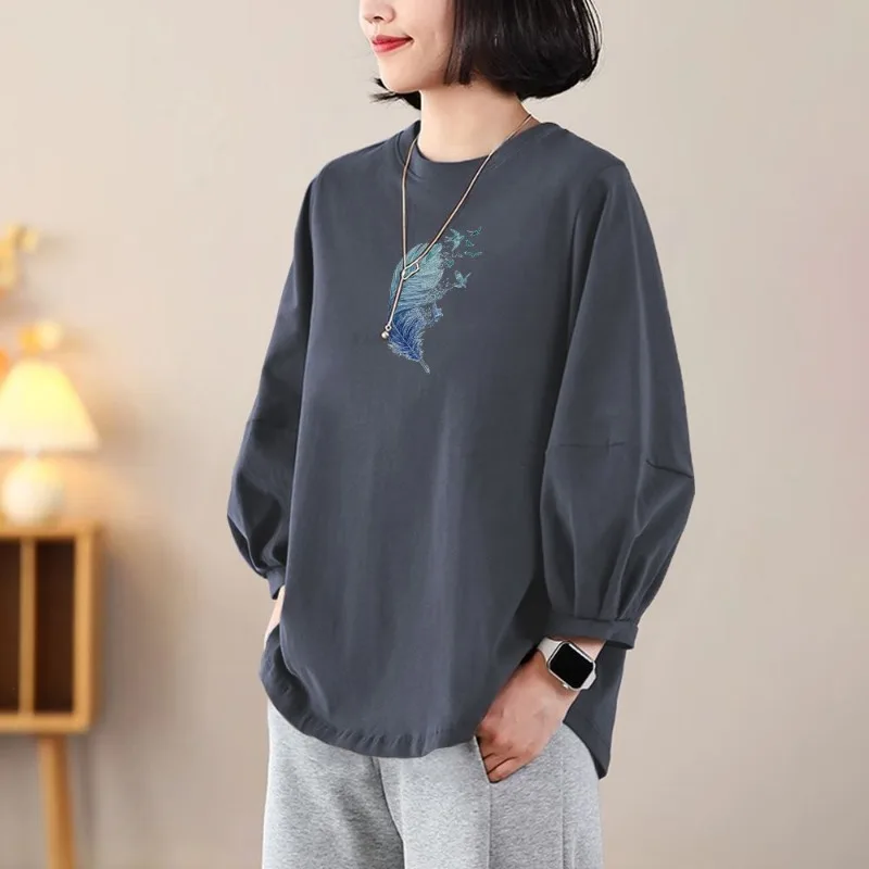 Modna koszulka damska z czystej bawełny z rękawami typu lampion, uniwersalna, luźna bluzka na jesień, nowy nadruk, styl zachodni.