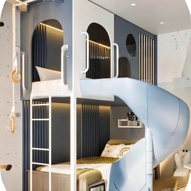 tempat tidur susun dua tingkat dari kayu solid, tempat tidur susun dengan seluncuran putar 1 meter 2 tempat tidur susun