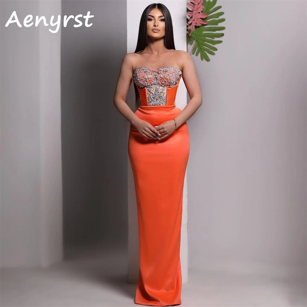 Aenyrst-vestido de fiesta de sirena naranja sin tirantes, vestido de cóctel ajustado de cristal satinado, largo hasta el suelo, Sexy